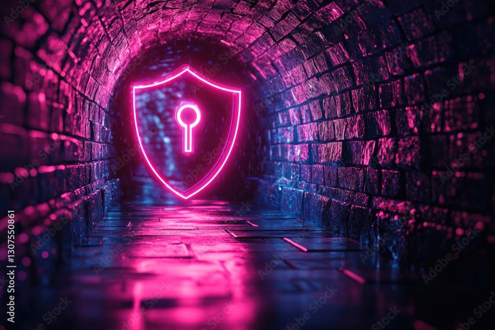 Poster Neon glowing shield with keyhole symbol in dark brick tunnel; symbolizes cybersecurity and data protection.