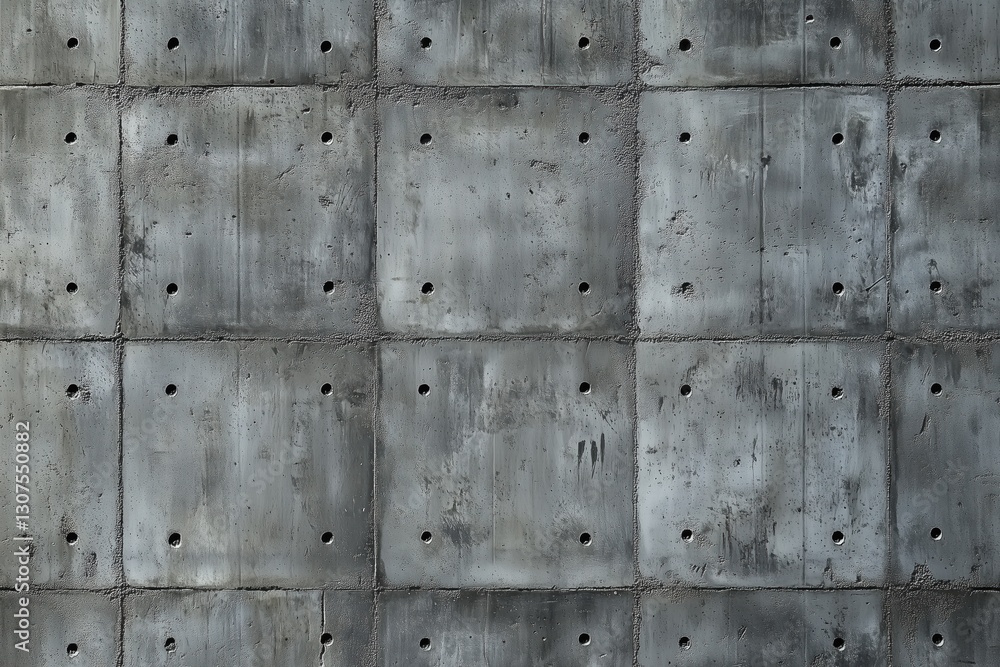 Poster seamless textured concrete wall with a grid pattern of square panels and small circular holes.