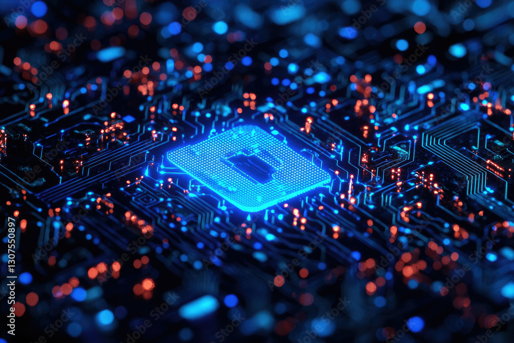 Poster close-up of a glowing blue cpu on a circuit board, showcasing intricate technological detail.