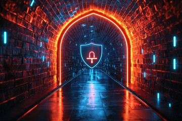 Neon-lit tunnel with a shield symbolizing digital security and protection.