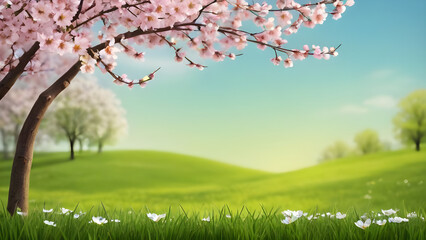 Pink blossoming cherry tree branches arching over verdant rolling hills during serene spring countryside scenery