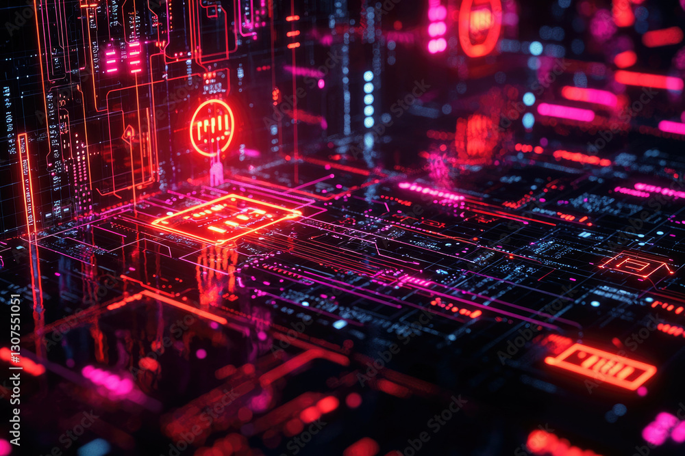 Poster Abstract digital circuit board glowing with vibrant red and pink neon lights, showcasing intricate technological patterns.