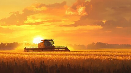 Fototapeta premium Golden hour harvest, combine harvester in wheat field, dramatic sunset