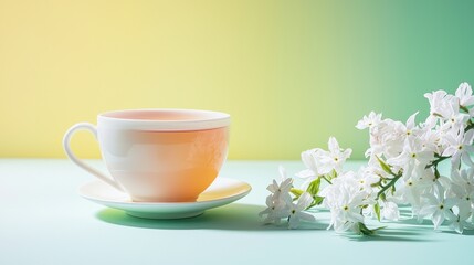 Hot Jasmine Tea with White Flowers on Green Gradient Background