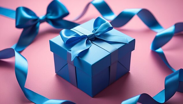 Blue Gift Box with Satin Ribbon and Bow on Pink Background Elegant Present for Special Occasion