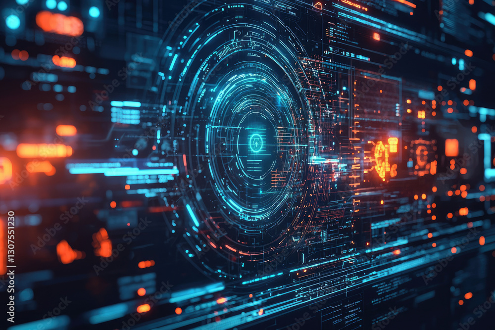 Poster Abstract digital data visualization with glowing lines and circular elements, representing futuristic technology and information flow.