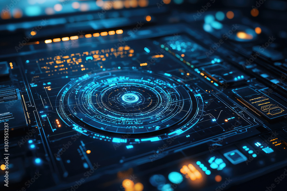 Poster futuristic digital interface with glowing blue and orange circuits and concentric circles.