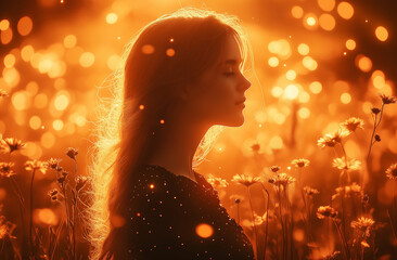 A photograph of wild grasses silhouetted against an orange sky, with sparks flying around them. The firelight reflects off the petals and leaves, creating a magical glow in the air