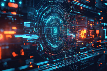 Abstract digital data visualization with glowing lines and circular elements, representing futuristic technology and information flow.