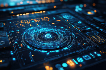 Futuristic digital interface with glowing blue and orange circuits and concentric circles.
