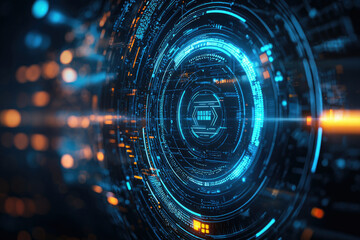 Fototapeta premium Abstract digital interface with glowing blue and orange concentric circles, showcasing futuristic technology.