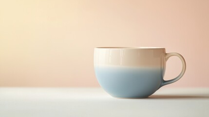 Fototapeta premium Pastel Blue and Off White Ceramic Teacup on White Surface with Pink Background