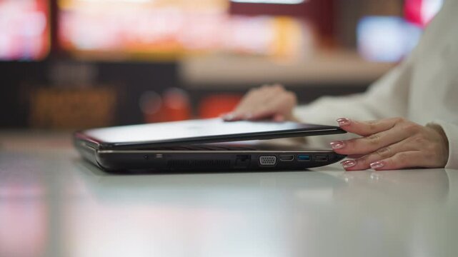 Close-up of elegant hands with painted nails reaching for a closed laptop opens it in a modern indoor setting, background features soft blurred lighting with a subtle red beeping light