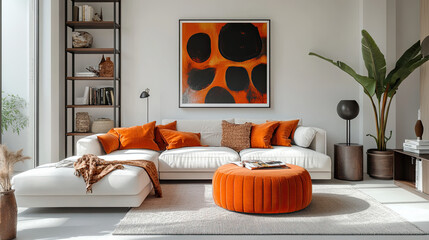 Modern Living Room with Orange Accents