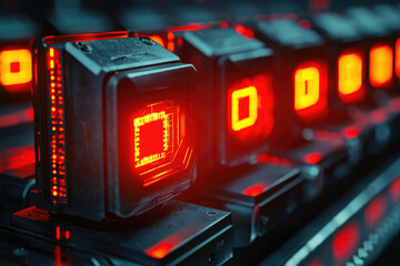 Futuristic server racks with glowing red circuits, depicting advanced technology and data processing.