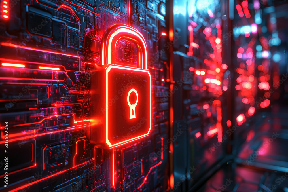 Poster A glowing red padlock on a futuristic circuit board symbolizes cybersecurity and data protection.