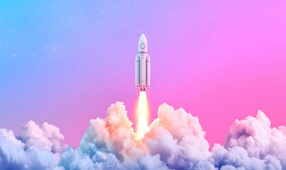 Fototapeta premium Rocket Launching Into Colorful Sky With Clouds and Gradient Background