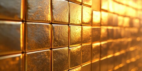 Glimmering golden tiles create a shimmering wall effect in a brightly lit space