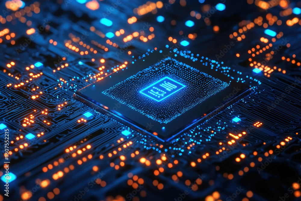 Poster Close-up of a computer microchip, glowing with blue light, showcasing intricate circuitry and technological advancement.