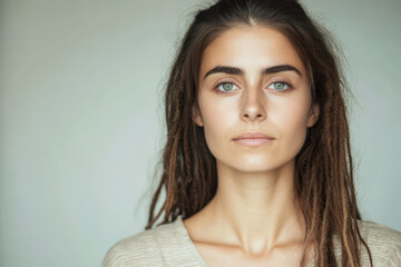 Fototapeta premium Young woman with dreadlocks and striking blue eyes portraits in soft lighting indoors