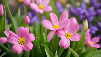 Pink rhodophiala bifida blossoming amid green foliage and purple tulips, presenting vibrant garden springtime color palette