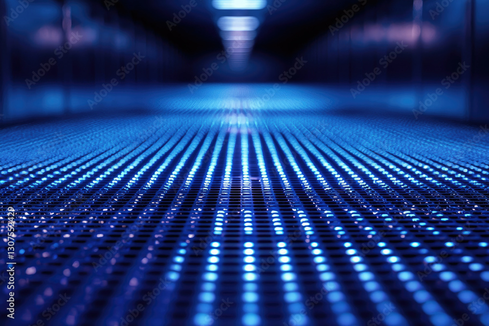 Poster Abstract blue grid floor receding into dark tunnel, illuminated by distant lights, creating a technological or futuristic ambiance.