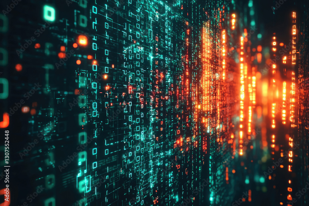 Poster Abstract digital data stream visualization with glowing binary code in teal and orange.