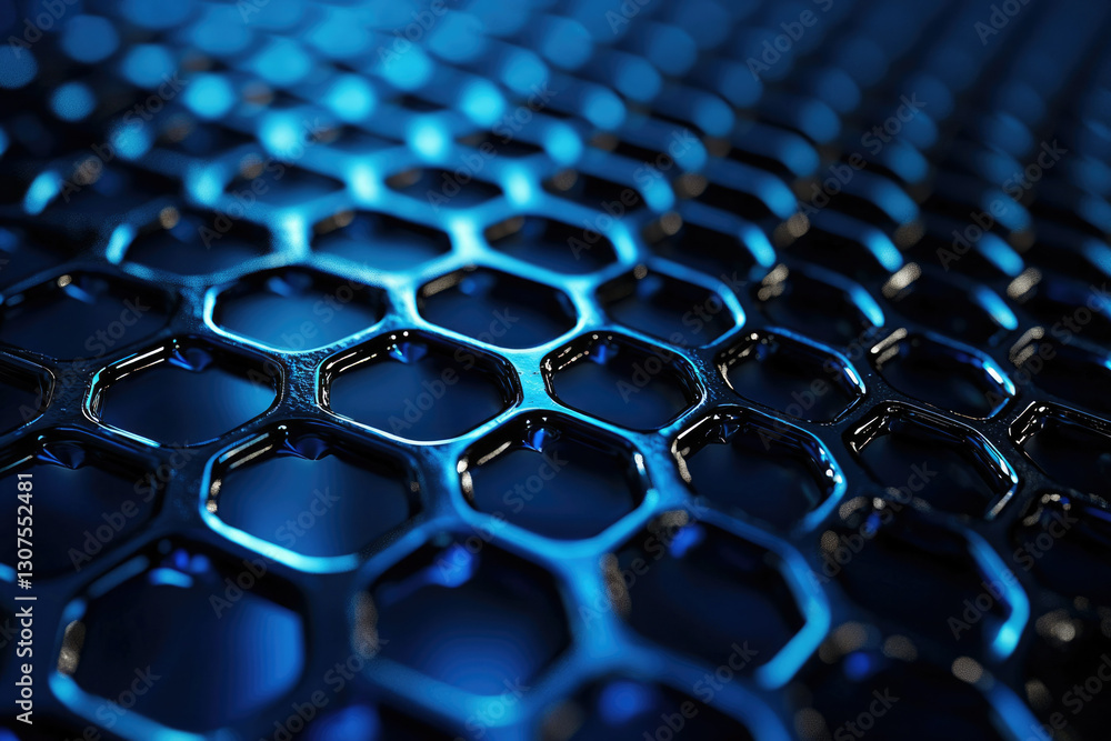 Poster Close-up of a hexagonal metallic grid pattern, dark blue and reflective.