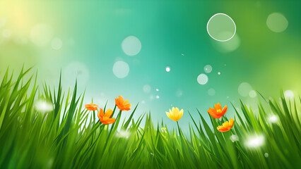 Obraz premium Vibrant wildflowers bursting through lush green meadow, bathing in golden sunlight, capturing essence of springtime renewal