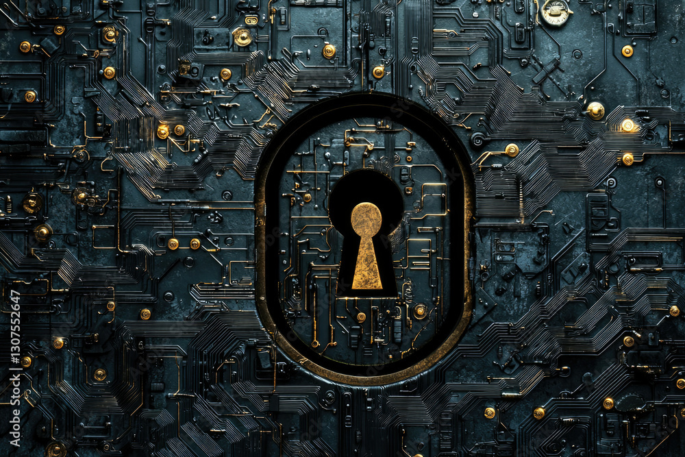 Aufkleber A keyhole embedded within a complex circuit board, symbolizing digital security and technological protection.