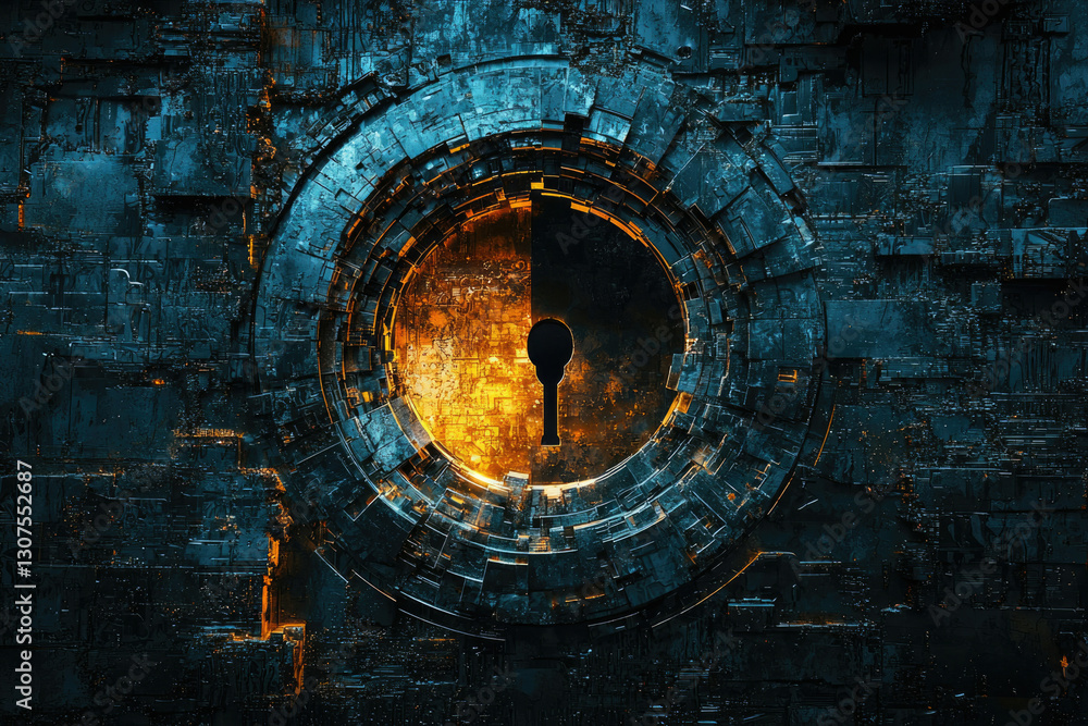 Poster Abstract digital art depicting a futuristic keyhole within a complex, metallic, circular structure.
