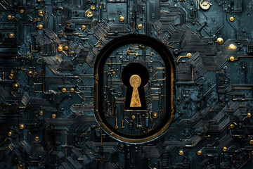 A keyhole embedded within a complex circuit board, symbolizing digital security and technological...