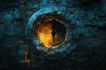 Fototapeta premium Abstract digital art depicting a futuristic keyhole within a complex, metallic, circular structure.