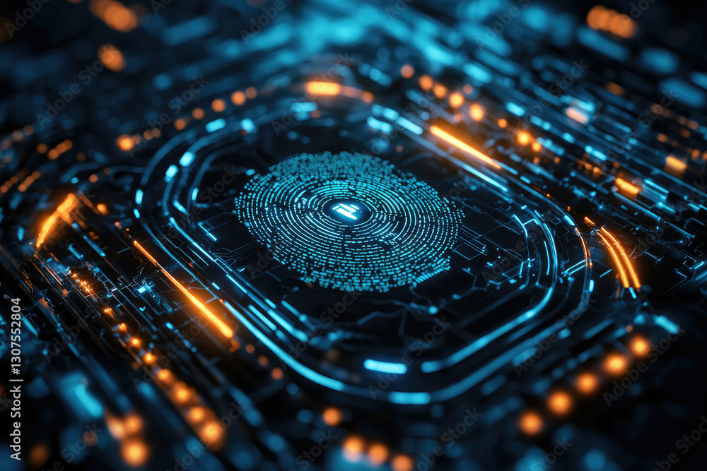 Poster Futuristic digital fingerprint scan on a glowing circuit board, showcasing advanced cybersecurity technology.