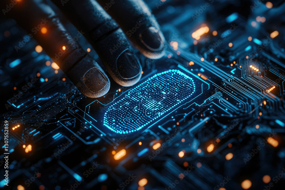 Poster A finger scans a glowing fingerprint on a futuristic circuit board, symbolizing biometric security and advanced technology.