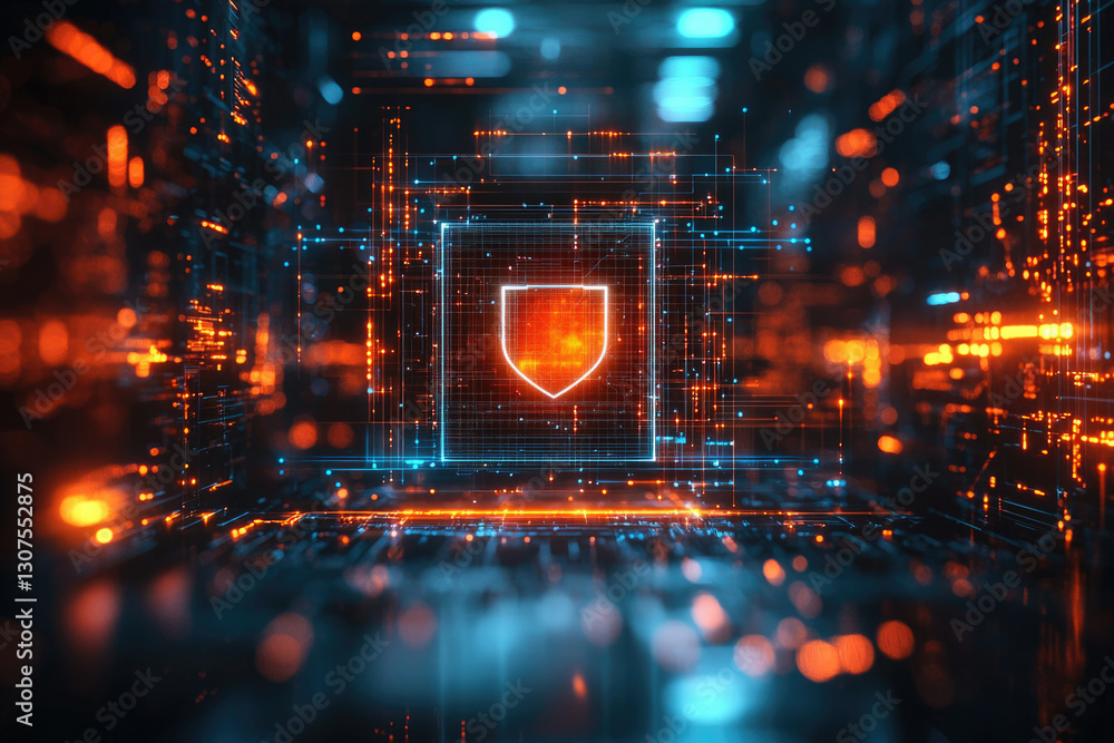 Poster Cybersecurity shield glowing in a digital network, symbolizing data protection and online security.
