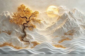 3D mural wallpaper shows white, gold waves, gold tree. Design embossed creating relief effect. Abstract art decorates wall background. Modern design for home . 32k Resolution 