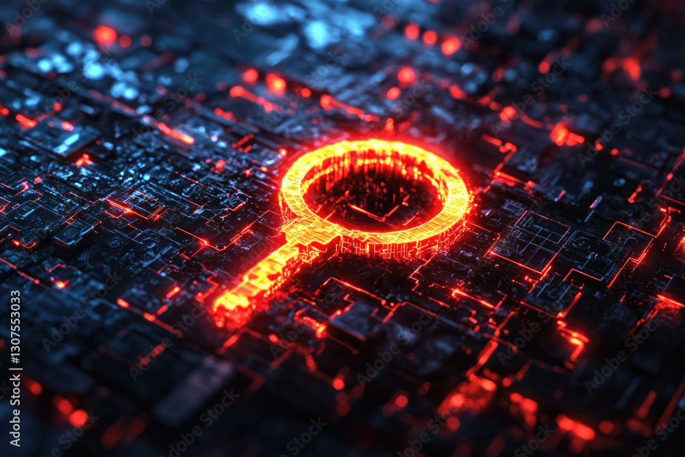 Poster A glowing search icon on a futuristic circuit board, representing digital search and data analysis.