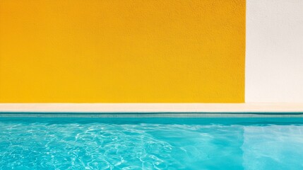 A pool with a yellow wall in the background