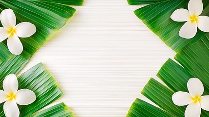 Delicate Thai jasmine flowers placed against a soft, subtle green leaf background, highlighting the simplicity and elegance of the blooms in a tranquil setting.