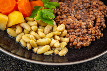 Vegetarian main course vegetables lentils, beans, potatoes, carrots tasty fresh delicious gourmet...