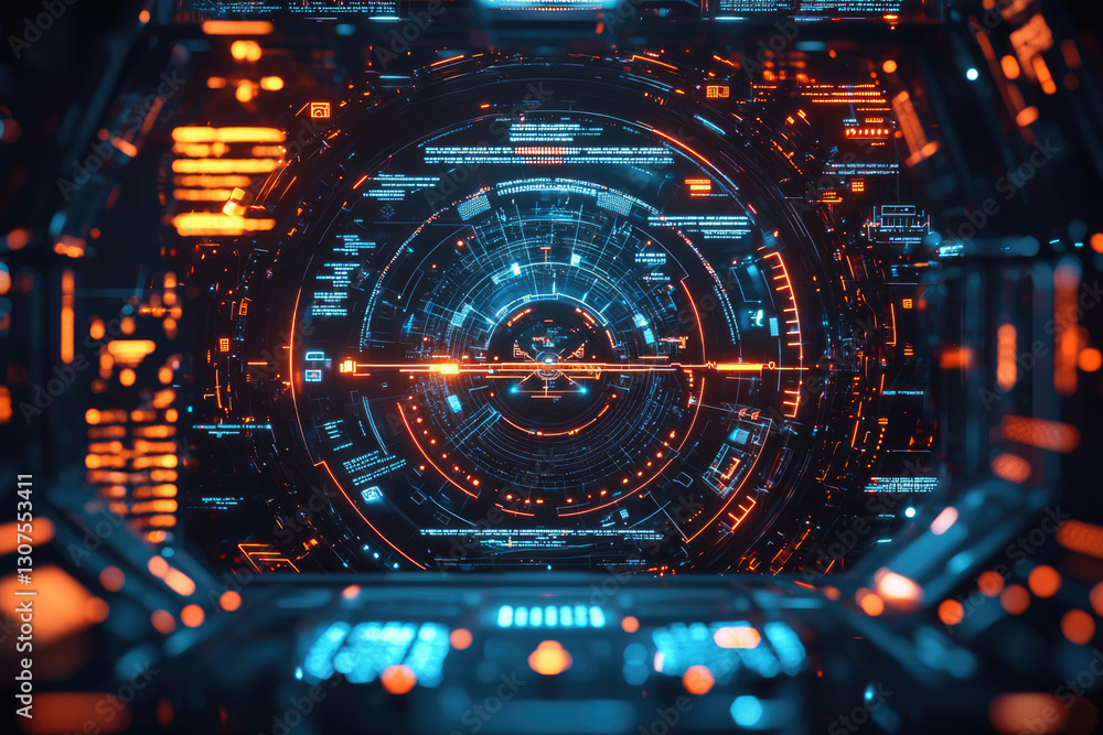 Poster futuristic digital interface with glowing orange and blue circular display showcasing technological 