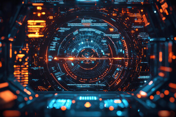 Futuristic digital interface with glowing orange and blue circular display showcasing technological data.