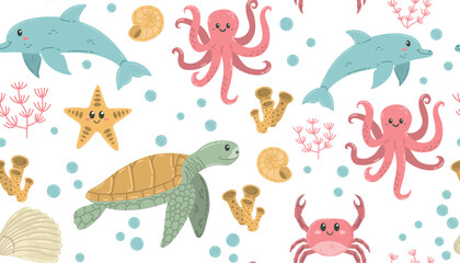 Playful dancing sea animals seamless pattern. Turtle, dolphins, octopus and crab background decoration and apparel design.