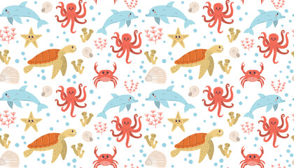 Playful dancing sea animals. Turtle, dolphins, octopus and crab seamless pattern can be use for background decoration and apparel design.