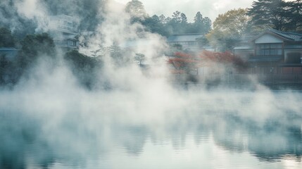 Misty hot spring village, steaming water reflecting buildings
