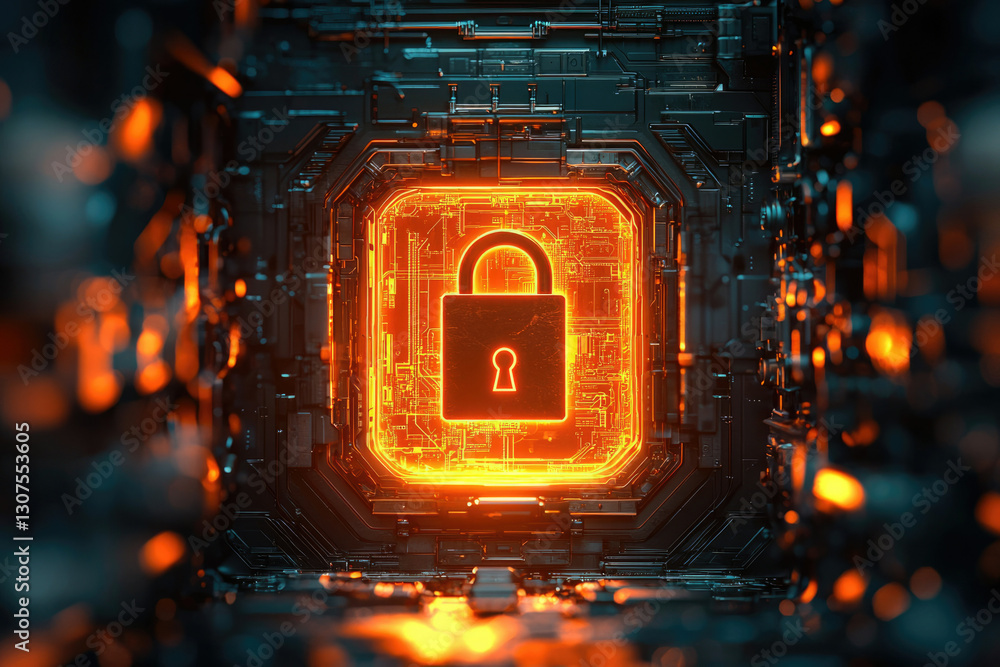 Poster cybersecurity concept: glowing padlock emblem on a futuristic circuit board, symbolizing digital pro