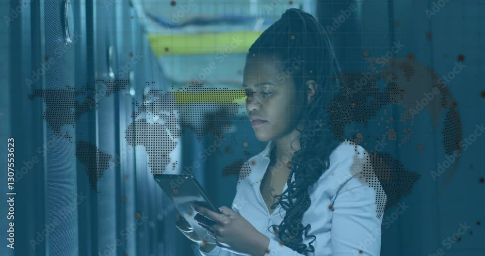 Aufkleber using tablet in server room, woman interacting with digital animation map