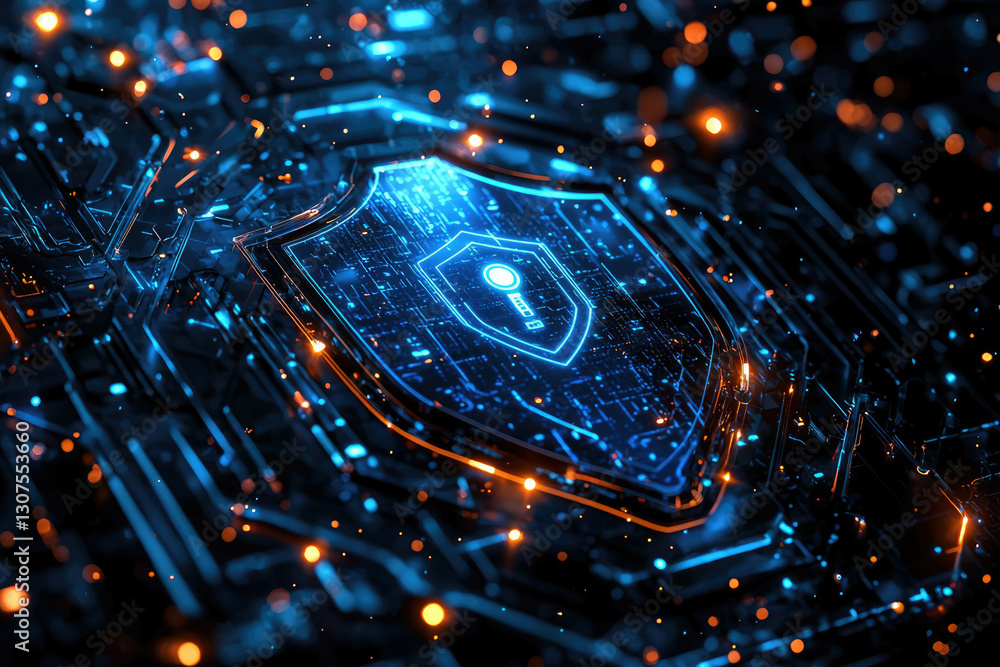 Poster Cybersecurity shield protecting digital data with glowing circuits and keyhole.