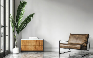 Modern living room with minimalist furniture and large plant in a bright space
